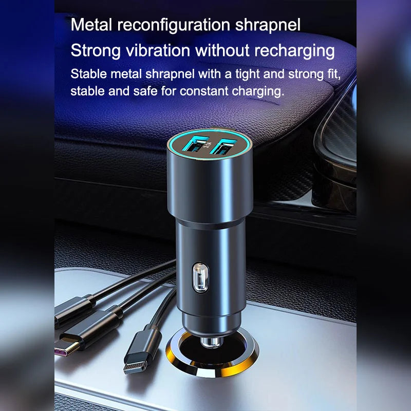 EasyCar™ 100W Dual USB Car Charger Adapter Fast Charge Metal Car Charger With Triple Wire Dual USB With Cable