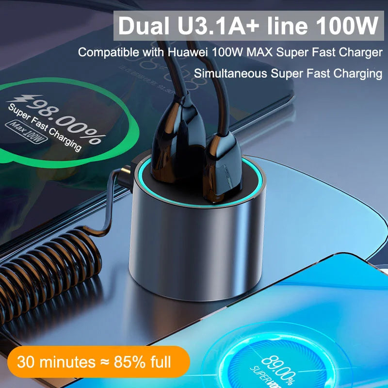 EasyCar™ 100W Dual USB Car Charger Adapter Fast Charge Metal Car Charger With Triple Wire Dual USB With Cable