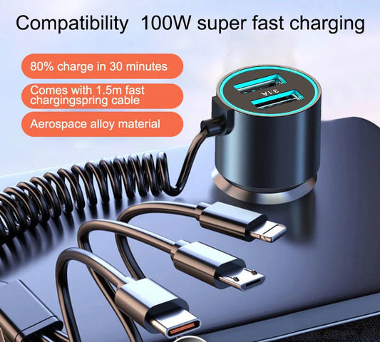 EasyCar™ 100W Dual USB Car Charger Adapter Fast Charge Metal Car Charger With Triple Wire Dual USB With Cable